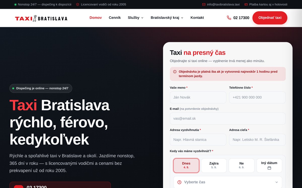 Ukážka webu Taxi Bratislava